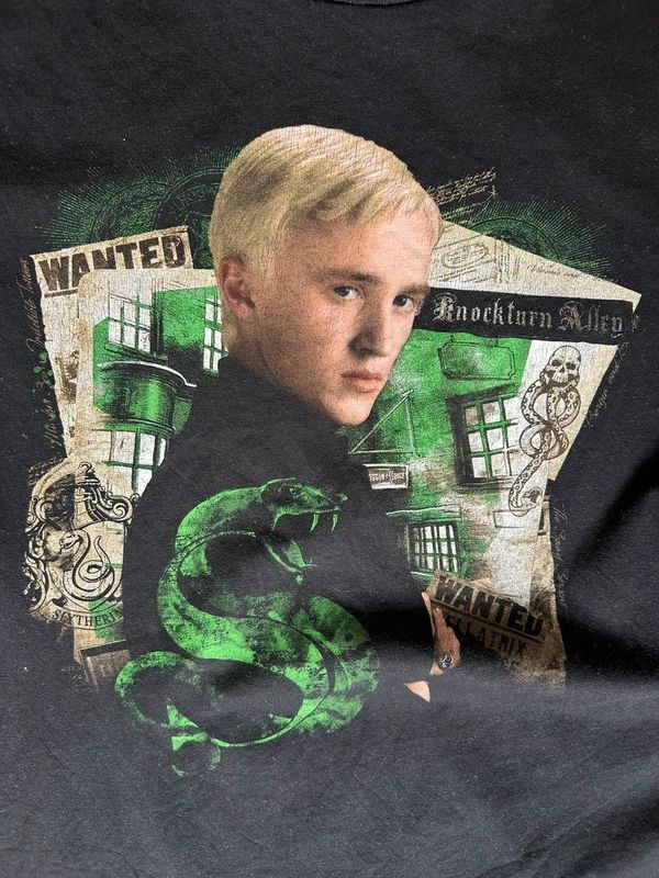 Harry Potter Draco Malfoy Slytherin Graphic T Shirt Black Cotton Wizarding World Tee Large