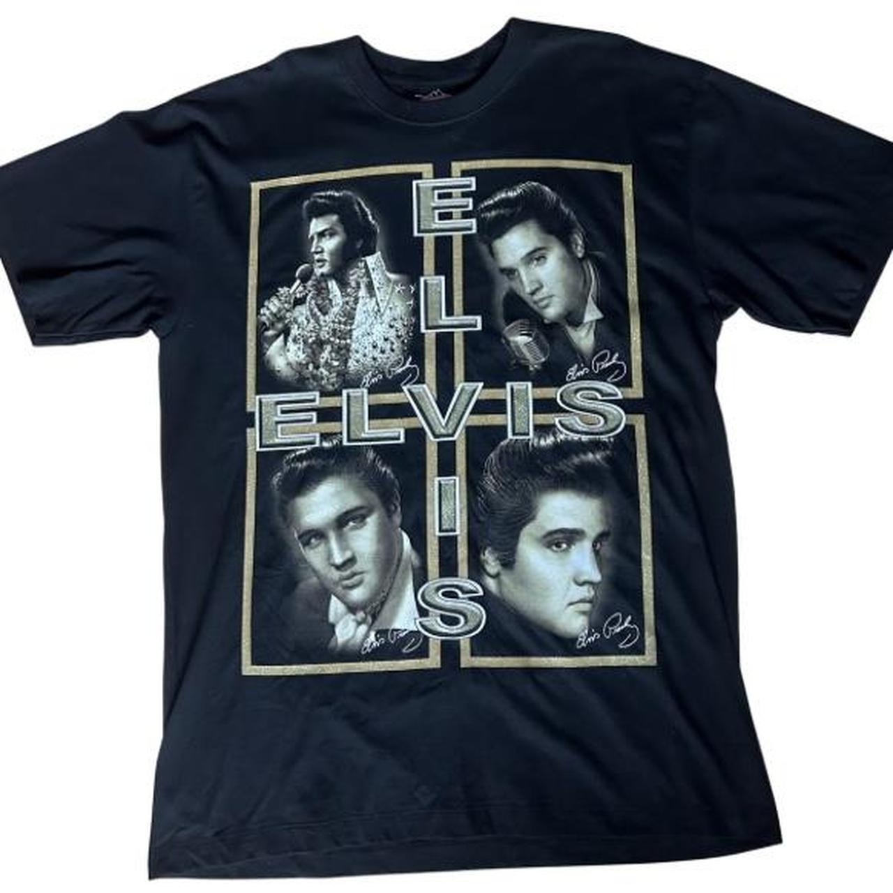 Elvis Presley graphic tee featuring four classic portrait prints on the front with bold ELVIS letter