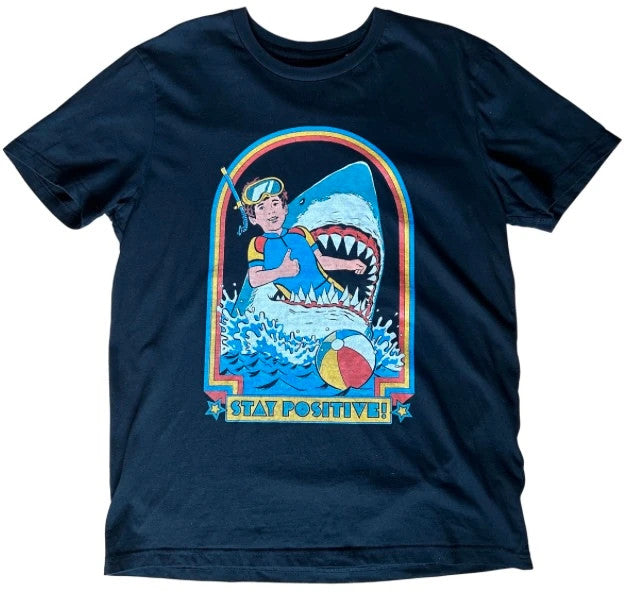 Stay Positive Shark Graphic T Shirt Medium Retro Funny Beach Surf Tee 19x27