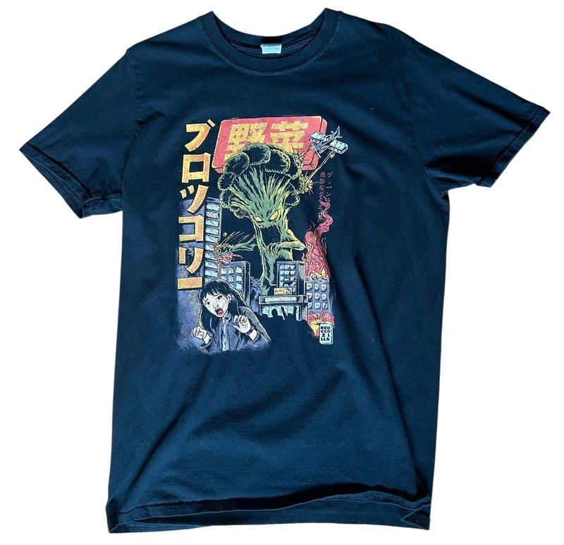 Broccozilla Kaiju Broccoli Monster Graphic T Shirt Japanese Style Parody Tee Black Cotton M