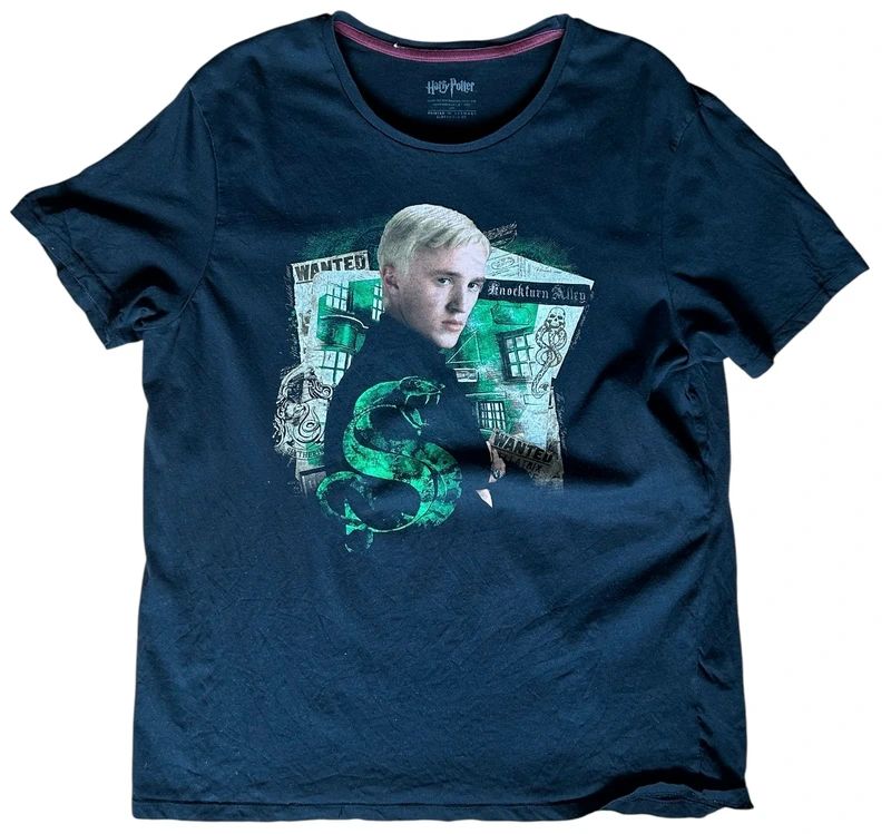Harry Potter Draco Malfoy Slytherin Graphic T Shirt Black Cotton Wizarding World Tee Large