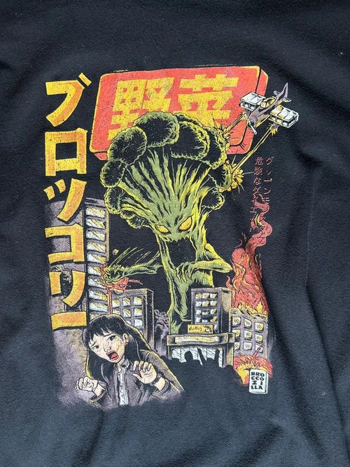 Broccozilla Kaiju Broccoli Monster Graphic T Shirt Japanese Style Parody Tee Black Cotton M