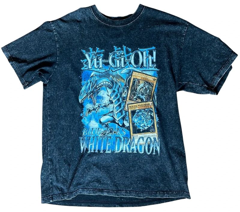 Yu-Gi-Oh Blue Eyes White Dragon Graphic T Shirt Anime Manga Card Game Tee Black L Cotton
