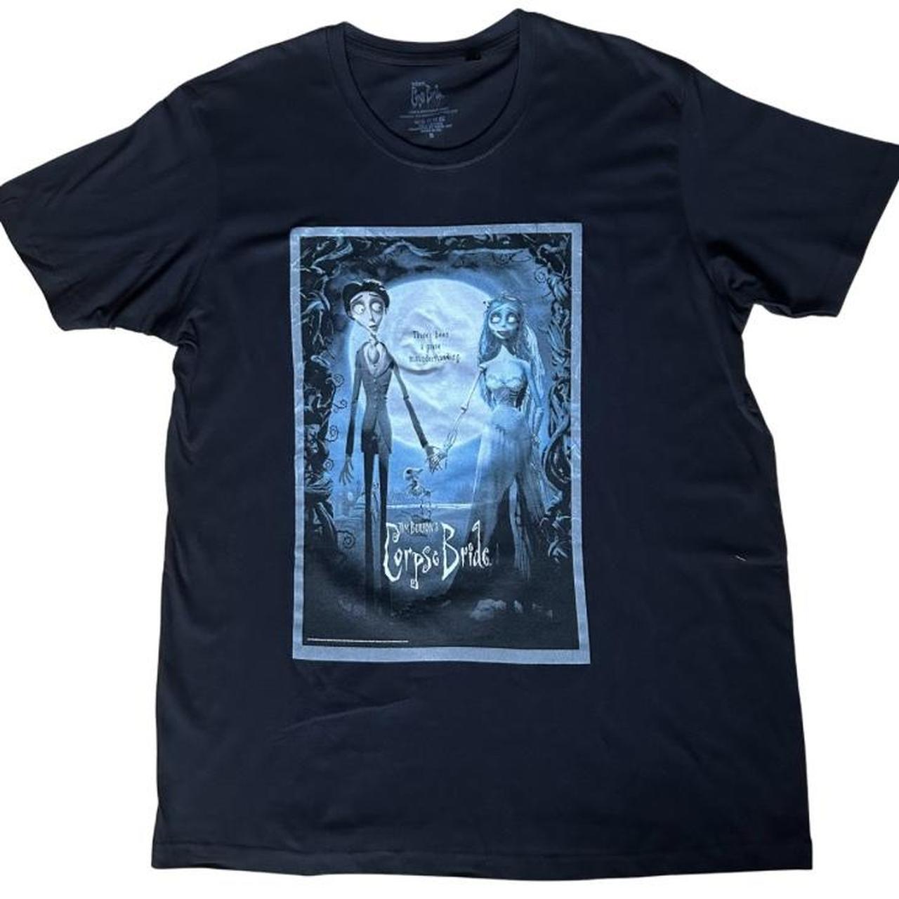 Tim Burton’s Corpse Bride graphic tee featuring Victor and Emily under the moonlit blue scene