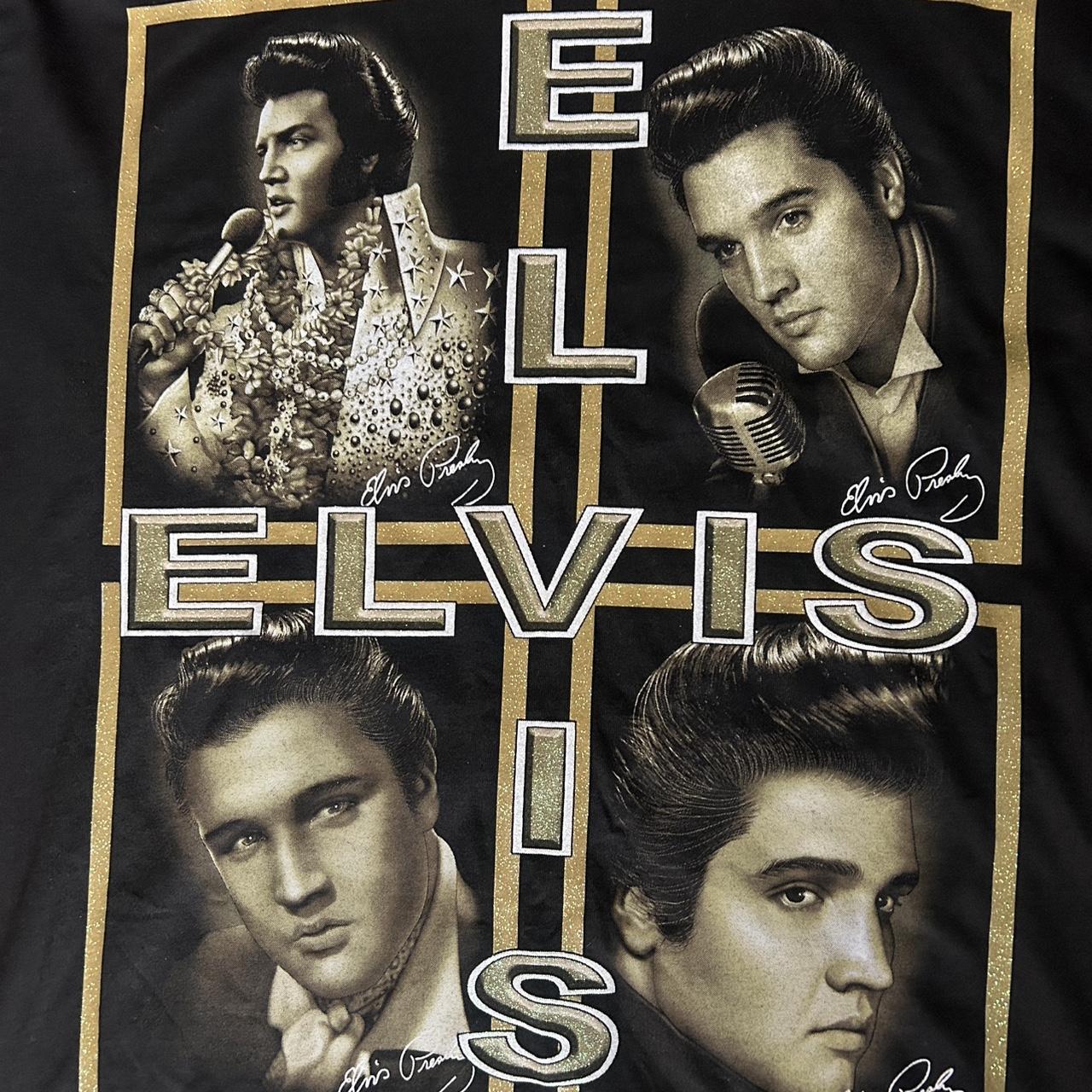 Elvis Presley graphic tee featuring four classic portrait prints on the front with bold ELVIS letter