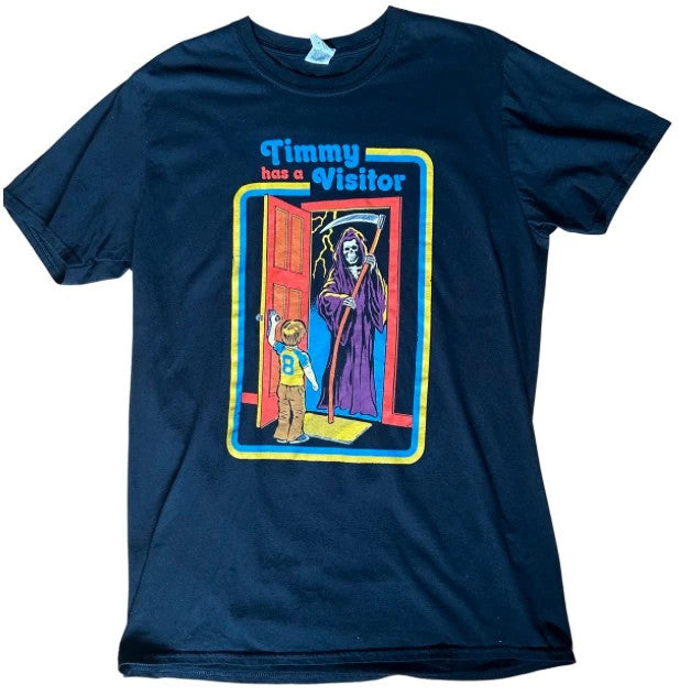 Timmy Has A Visitor T Shirt Large Horror Graphic Tee Dark Humour Print 19x31