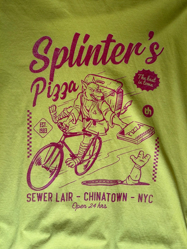 Splinter’s Pizza TMNT T Shirt Large Neon Green Graphic Tee 18x28
