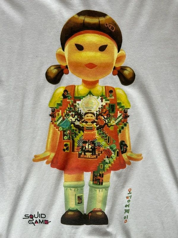 Squid Game Doll T Shirt Large White Netflix Graphic Tee Korean Series