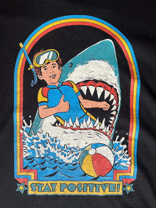 Stay Positive Shark Graphic T Shirt Medium Retro Funny Beach Surf Tee 19x27